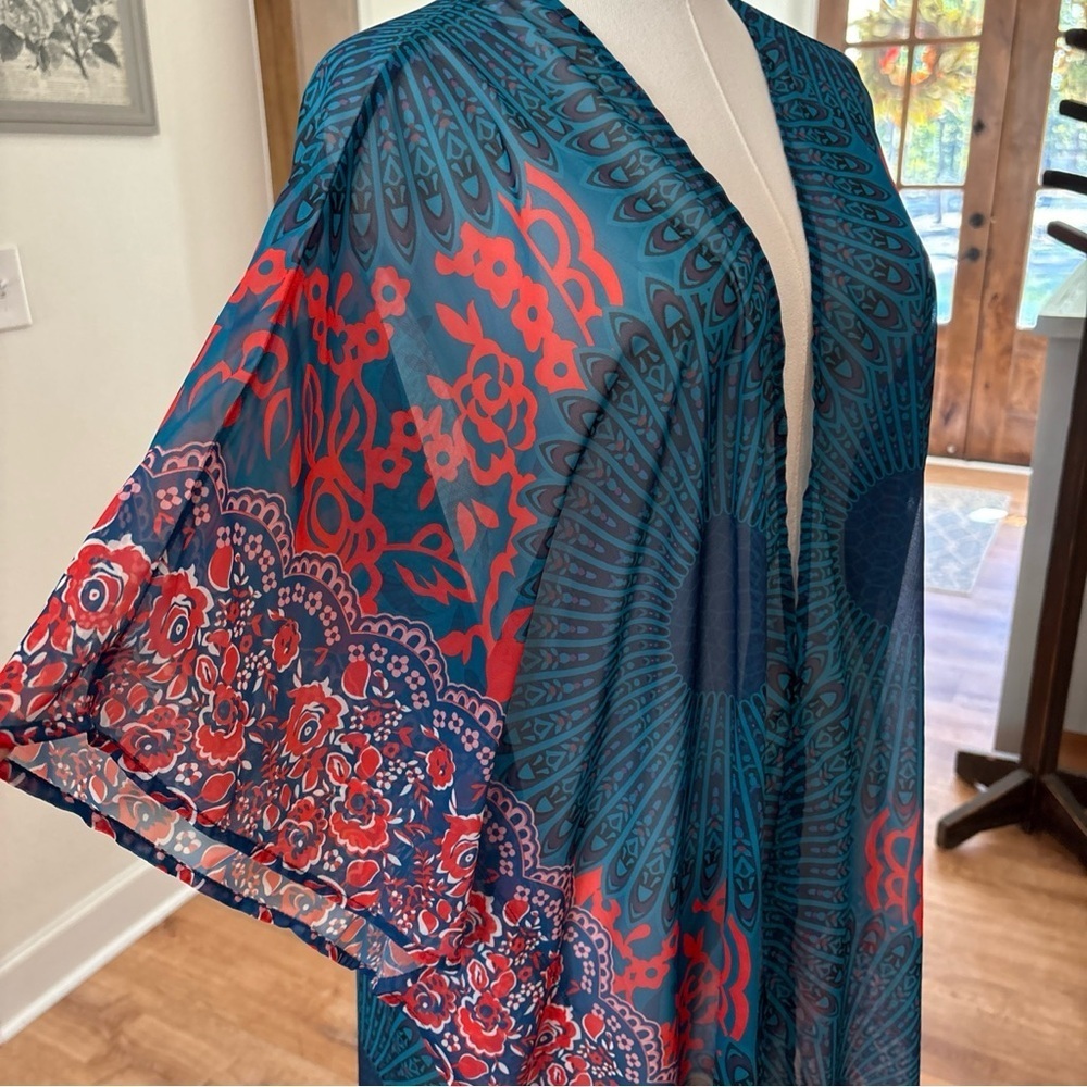 Women's Large Sheer Long Kimono Teal Blue Orange Boho Overlay Casual Flowy Top - Picture 4 of 7